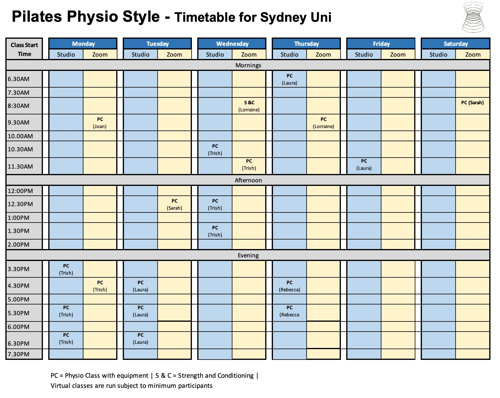 Pilates Physio Style Sydney Uni timetable