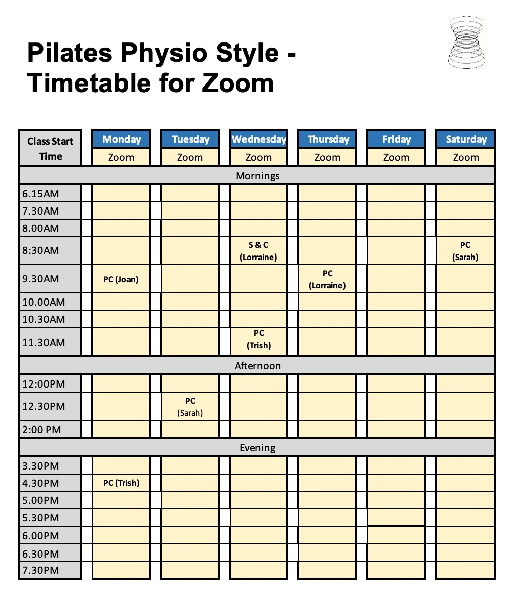 Pilates Physio Style Brookvale Zoom timetable