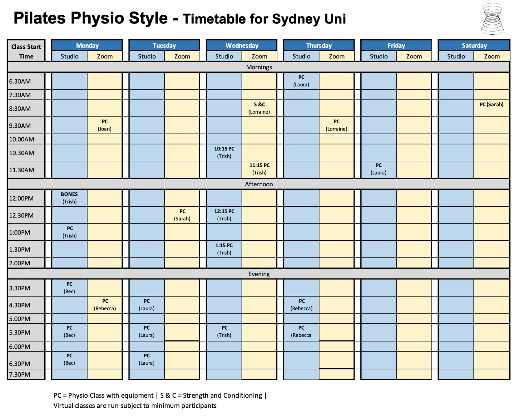 Pilates Physio Style Sydney Uni timetable