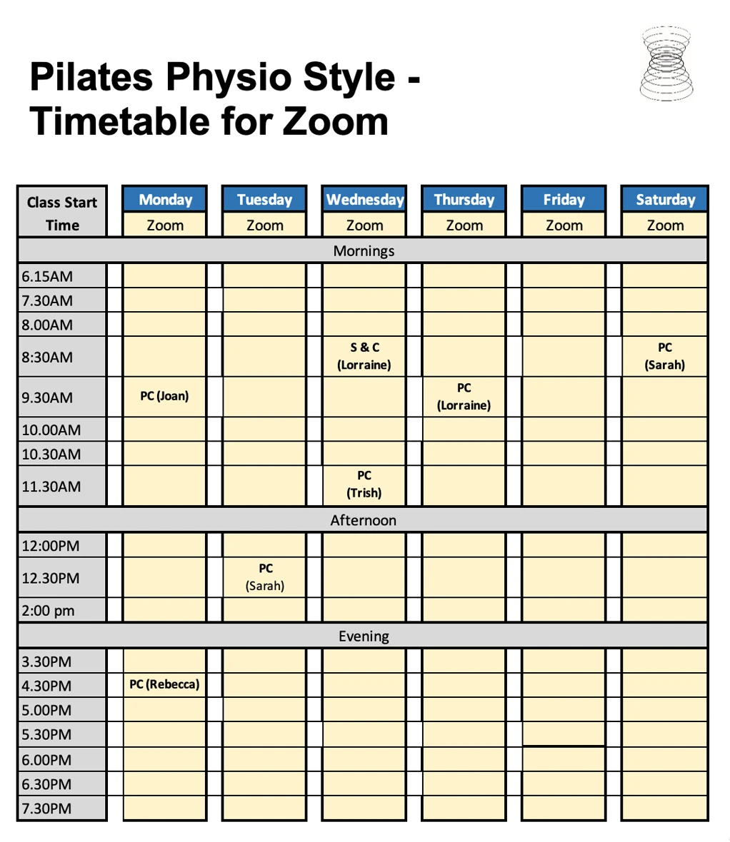 Pilates Physio Style Brookvale Zoom timetable