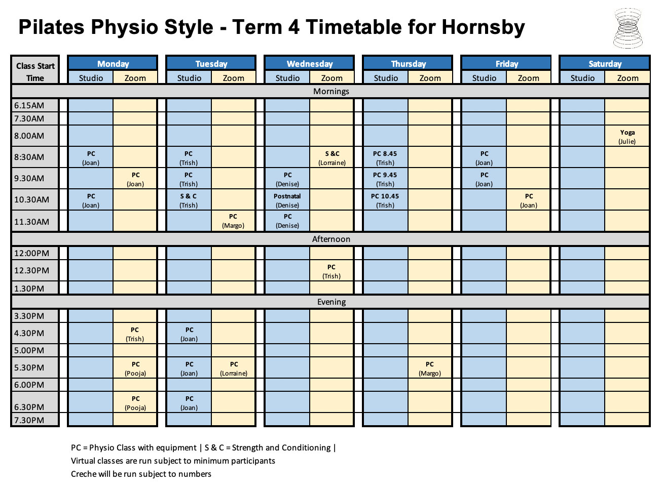 Timetables Pilates Physio Style